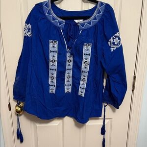Crown & Ivy Blue Blouse with White Embroidery